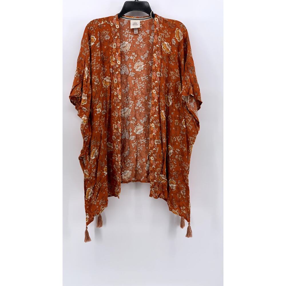 KNOX ROSE Women’s Orange Floral Tassel Open-Front Kimono SZ XS/S